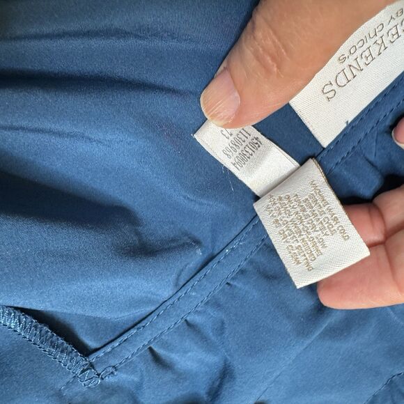 Chicos Weekends Full Zip Navy blue Drawstring neck Rain Coat stretch Jacket Sz 3 - Picture 8 of 10